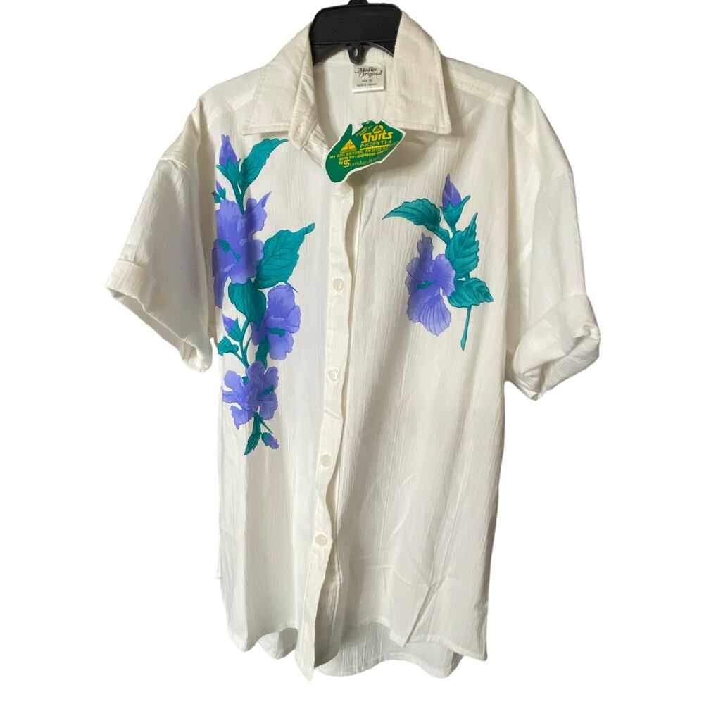 Madlee Original XS Hibiscus Floral Button Down Australian Made White Cotton New